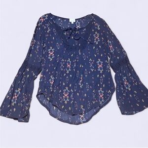 Sunset & Sixth Navy Patterned Blouse With Bell Sleeves Size S/M